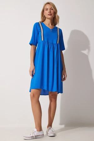 Happiness İstanbul Women's Blue V-Neck Embroidery Flare Viscose Summer Dress