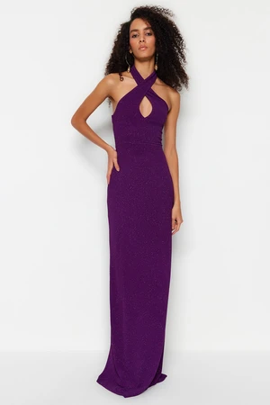 Trendyol Shimmering Glittery Knitted Evening Dress With Purple Lining