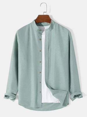 Mens Solid Color Stand Collar Oxford Fabric Long Sleeve Shirts