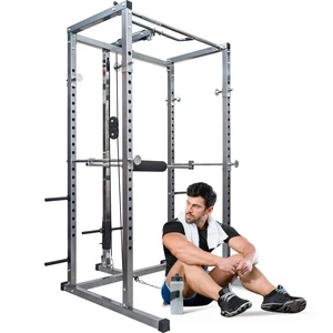 [US Direct] BOMINFIT Multi-Function Power Cage Power Tower 17.5-68'' High Adjustable Dipping Station Barbell Stand Squat