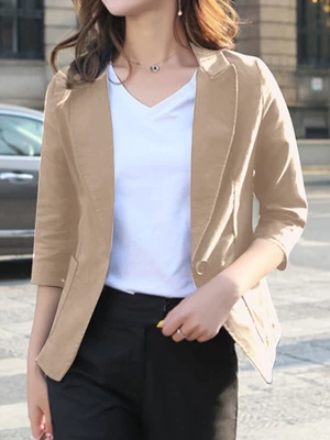 Solid Lapel Pocket Button Front 3/4 Sleeve Blazer