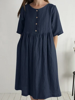 Solid Button Ruched Half Sleeve Casual Cotton Midi Dress