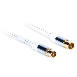 Koaxiálny kábel AQ 5m (xdtmf050) biely Kovové konektory IEC samec - samice, kontakty zlacené 24K zlatem, několikanásobné stínění vodiče (Al fólie a op