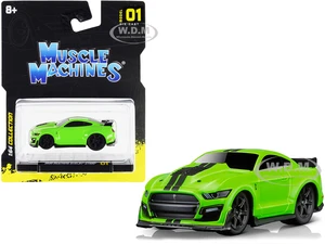 2020 Ford Mustang Shelby GT500 Bright Green with Black Stripes 1/64 Diecast Model Car by Muscle Machines