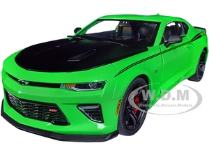 2017 Chevrolet Nickey Camaro SS 1LE Krypton Green with Matt Black Hood and Black Stripes 1/18 Diecast Model Car by Auto World