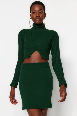 Trendyol Emerald Green Super Crop Turtleneck Skirt Knitwear Two Piece Set