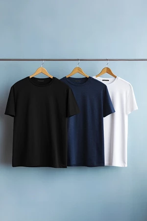 Trendyol Black-Navy Blue-White Plus Size 3-Pack Regular/Normal Fit Basic 100% Cotton T-Shirt