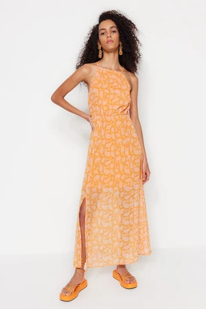 Trendyol Orange A-Line Maxi Woven Lined Slit Floral Pattern Woven Dress