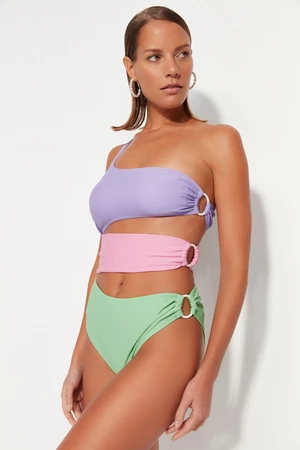 Trendyol Green-Purple-Pink One-Shoulder Color Block Regular Leg Swimsuit
