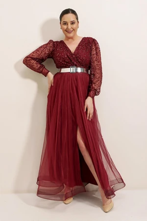 By Saygı Belted Waist Lined Long Sleeve Plus Size Long Dress Burgundy