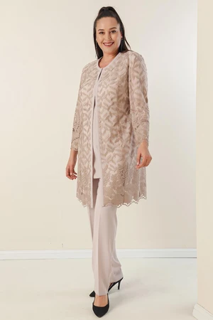 By Saygı Plus Size 3-piece Crepe Set with Beading and Guipure Lined Jacket, Blouse and Pants.