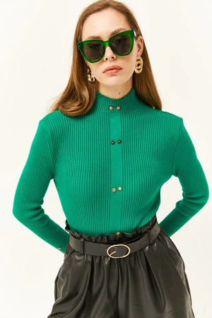 Olalook Women's Grass Green High Neck Button Garnished Lycra Knitwear Sweater