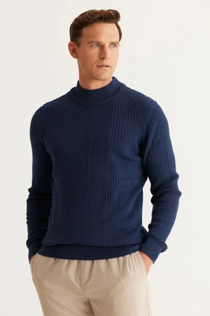 AC&Co / Altınyıldız Classics Men's Indigo Slim Fit Slim-Fit Cut Half Turtleneck Cotton Jacquard Knitwear Sweater.