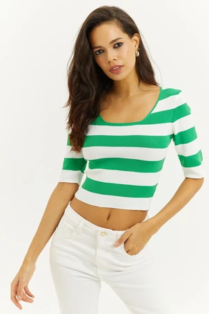 Cool & Sexy Women's Green Square Collar Striped Knitwear Blouse