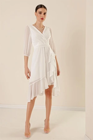By Saygı Double Breasted Neck Skirt Flounce Waist Belted Lined Balloon Sleeve Wide Body Interval Chiffon Dress Ecru
