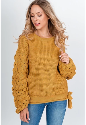 Women's knitted sweater with bows - mustard,