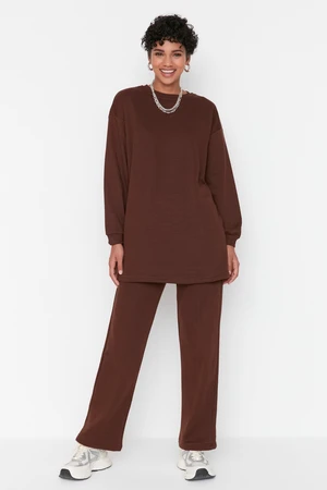 Trendyol Brown Crew Neck Basic Knitted Tracksuit Set