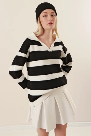 Bigdart 15792 Polo Neck Striped Sweater - Black