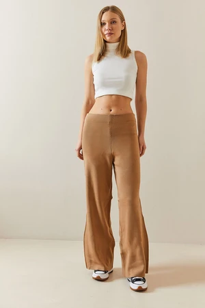 XHAN Camel High Waist Wide Leg Knitwear Trousers