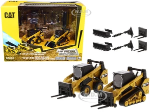 Set of 2 pieces CAT Caterpillar 272D2 Skid Steer Loader and CAT Caterpillar 297D2 Compact Track Loader with Accessories 1/64 Diecast Models by Diecas