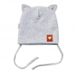 Baby Nellys Bavlněná dvouvrstvá čepice s oušky na zavazování FOX - šedý melírek, vel. 56-62 (0-3m)