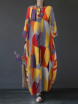 Long Sleeve O-neck Geometry Print Loose Cotton Baggy Maxi Dress