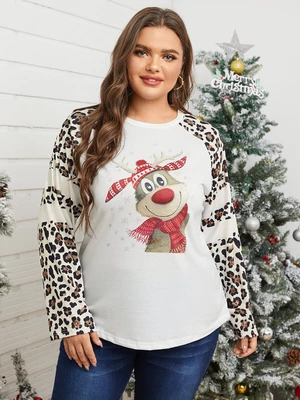 Plus Size Crew Neck Leopard Graphic Christmas Long Sleeves Tee