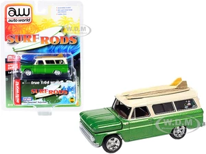 1965 Chevrolet Suburban Green Metallic and Cream with Two Surfboards "Surf Rods" Limited Edition to 3600 pieces Worldwide 1/64 Diecast Model Car by A