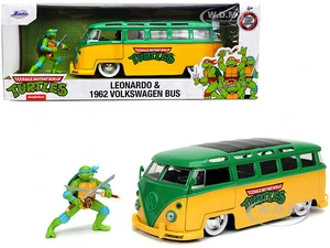 1962 Volkswagen Bus Yellow and Green with Leonardo Diecast Figurine "Teenage Mutant Ninja Turtles" TV Series 1/24 Diecast Model Car by Jada