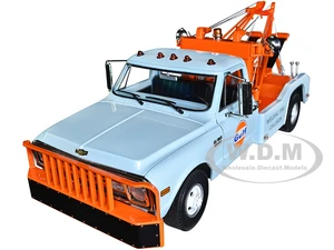 1969 Chevrolet C-30 Dually Wrecker Tow Truck "Gulf Oil Welding Tire Collision" Light Blue with Orange 1/18 Diecast Car Model by Greenlight