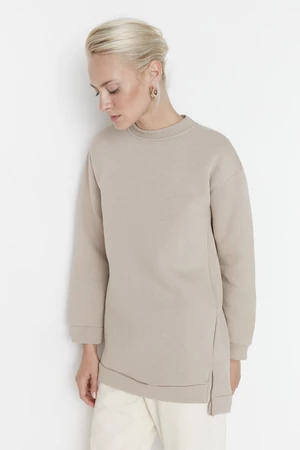 Trendyol Light Mink Basic Knitted Sweatshirt with Slit Detail