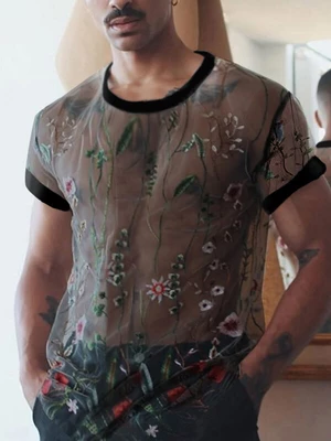 Men Sheer Mesh See Through Embroidered Floral Short Sleeve T-shirt