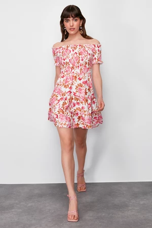 Trendyol Pink Floral Print Skirt Waist Opening Gipe Detailed Mini Woven Dress