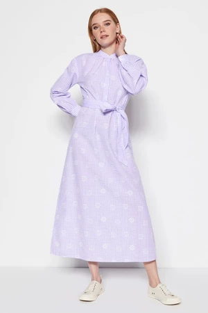 Trendyol fialové pásové a kockované kvetinové vzorované pletené šaty s polovičnými labkami