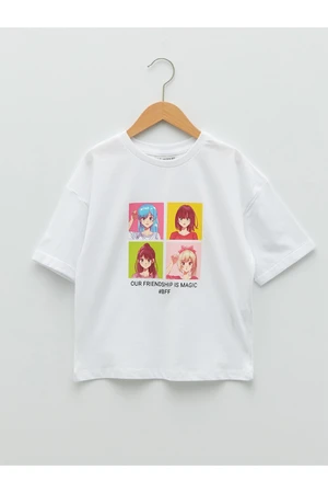 LC Waikiki Girl's T-Shirt with a Crew Neck Printed Short Sleeved Cotton