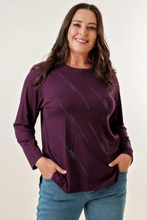 By Saygı Embroidered Collar Crisscross Front Stone Print Long Sleeves Plus Size Blouse