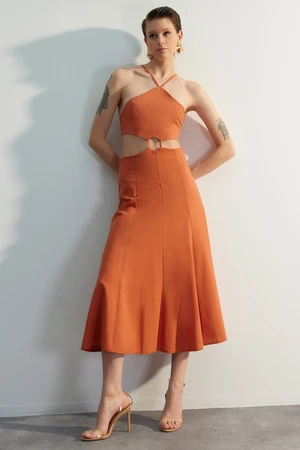 Trendyol Cinnamon Waist Opening Midi Woven Window Detailed Woven Dress