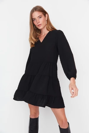 Trendyol Black Mini Woven Wide Cut Textured Flounce Woven Dress