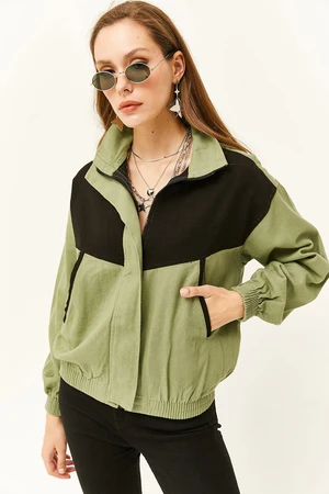 Olalook Women's Khaki Color Block Pocket Soft Textured Cotton Jacket