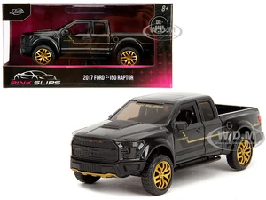 2017 Ford F-150 Raptor Pickup Truck Black Metallic with Gold Stripes "Pink Slips" Series 1/32 Diecast Model Car by Jada