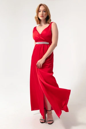 Lafaba Women's Red Double Breasted Collar With Stones and Belt Long Evening Dress.