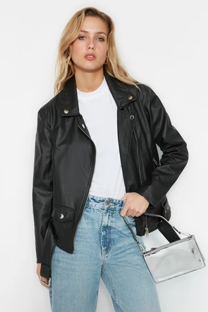 Trendyol Black Belt Detailed Imitation Leather Biker Jacket Coat