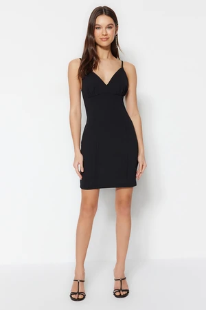 Trendyol Black Fitted V-Neck Knitted Mini Dress with Crepe Straps