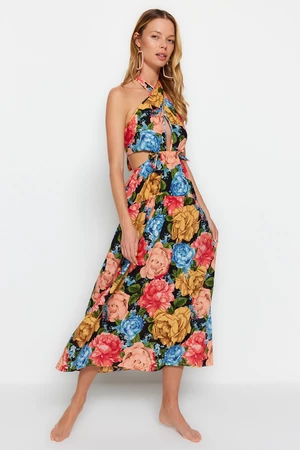 Trendyol Floral Patterned Maxi Tie Tie 100% Cotton Beach Dress