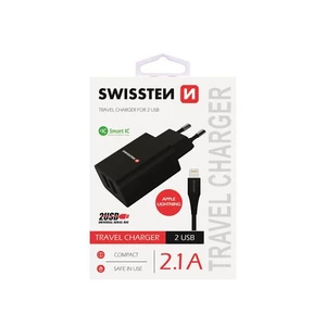 Töltő Swissten Smart IC 2.1A s 2 USB konektorral és adatkábellel USB/Lightning, 1,2m, fekete