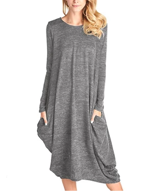 Women Pure Color Long Sleeve Casual Loose Midi Dress with Pockets