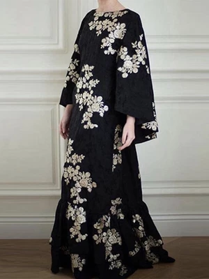 Floral Print Patchwork Crew Neck Button Back Long Sleeve Casual Maxi Dress