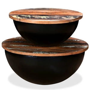 2 Piece Coffee Table Set Solid Reclaimed Wood Black Bowl Shape