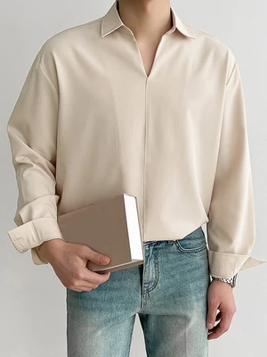 Men Loose Solid Color Long Sleeve Lapel Collar Shirt