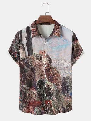 Mens Landscape Oil Painting Short Sleeve Shirts